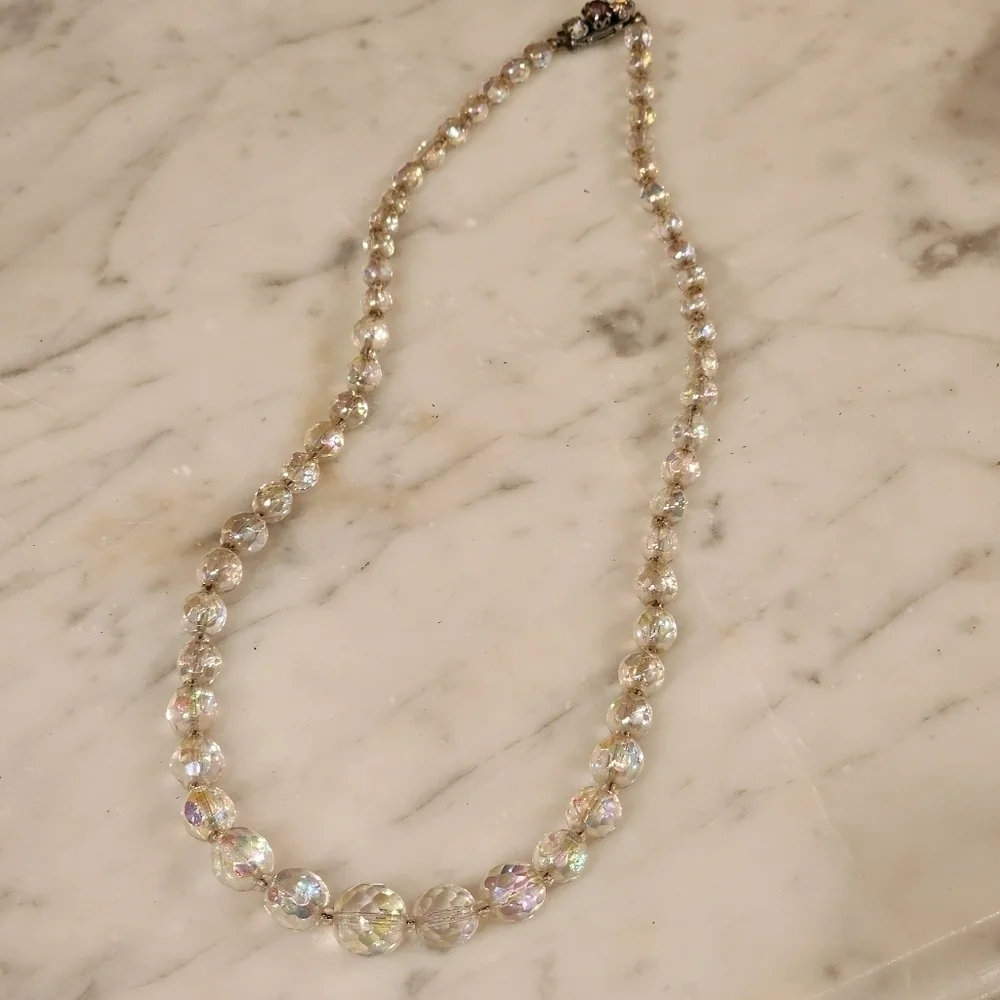 Vintage Fancy Aurora Borealis AB Crystal Bead Single Strand Necklace 20